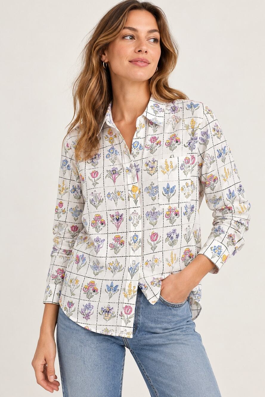 Crown & Ivy Floral Grid Button Down Shirt M Cotton Stretch Cottagecore Garden